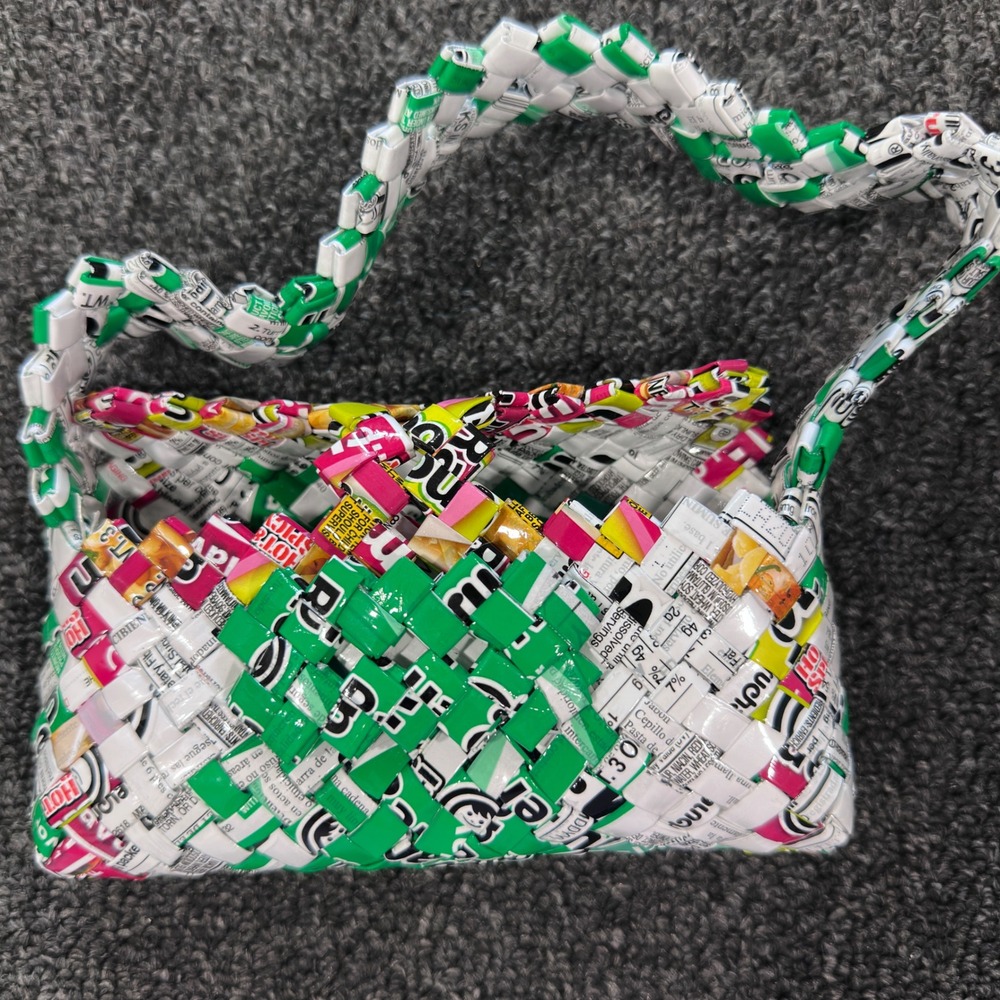 Handmade Upcycled Woven Candy Wrapper Purse Shoulder Bag Recycled Pop Tab Style